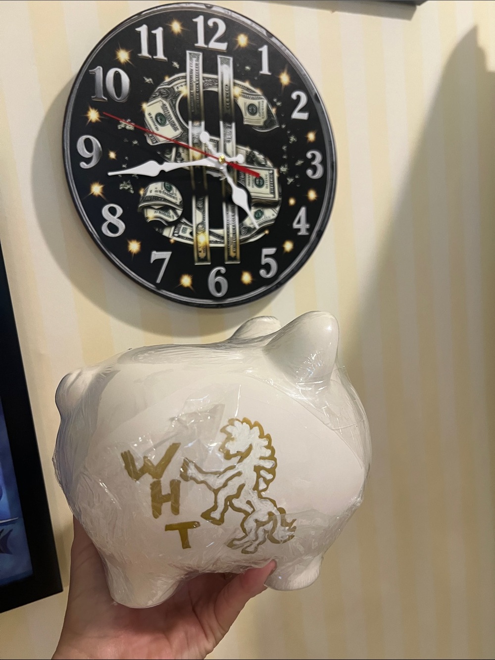 #3396**White Ceramic Piggy Bank with Gold Horse Hand painted - WHT